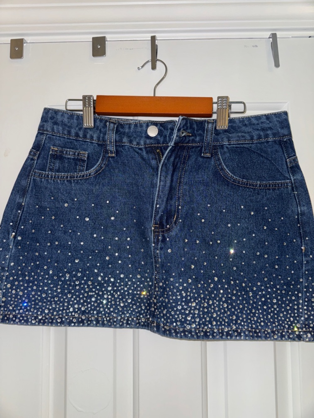 SHEIN Dark Blue Denim Mini Skirt with Rhinestone Accent